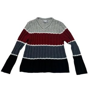 VTG 90s Carolyn Taylor Grey Red Black Striped Pullover Sweater Size M